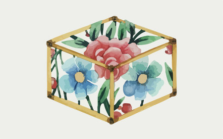 Illustration of a box with flowers on a white background in retro styleのイラスト素材