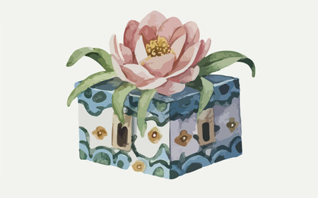 Gift box with peony flower. Hand drawn vector illustration.のイラスト素材