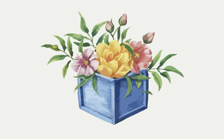 Illustration of a beautiful bouquet of flowers in a blue boxのイラスト素材