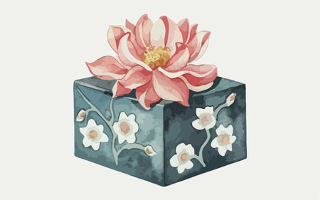 Illustration of a gift box with a lotus flower on a white backgroundのイラスト素材