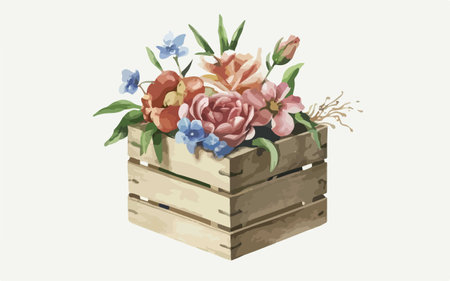 Illustration of a wooden box with a bouquet of flowers.のイラスト素材