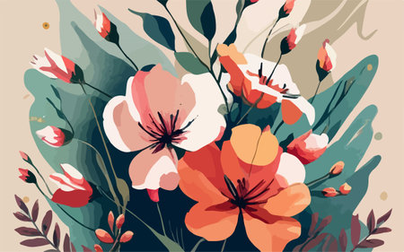 Floral background with poppies and leaves. Vector illustration.のイラスト素材