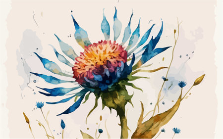 Hand drawn watercolor illustration of a thistle flower with watercolor splashes.のイラスト素材
