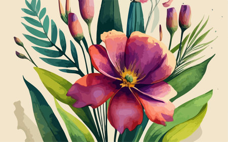 Beautiful bouquet of spring flowers and leaves. Vector illustration.のイラスト素材