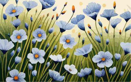 Floral background with blue poppies and daisies.のイラスト素材