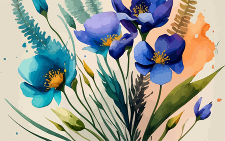 Vector floral background with blue iris flowers. Watercolor hand drawn illustrationのイラスト素材