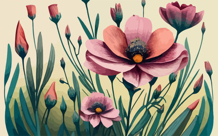 Vector illustration of a bouquet of poppies in vintage styleのイラスト素材
