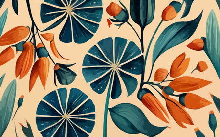 Seamless pattern with orange flowers and leaves. Vector illustration.のイラスト素材