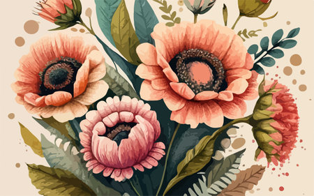 Vintage floral background with poppies and leaves. Vector illustration.のイラスト素材