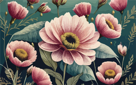 Seamless floral pattern with pink poppies. Vector illustrationのイラスト素材