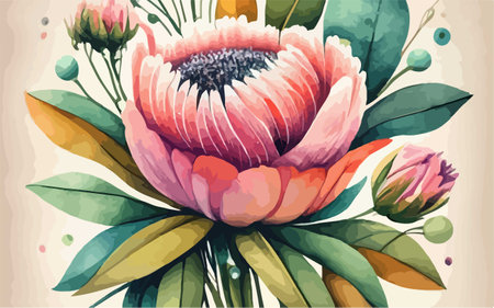 Hand drawn vector watercolor illustration of protea flower with leaves.のイラスト素材