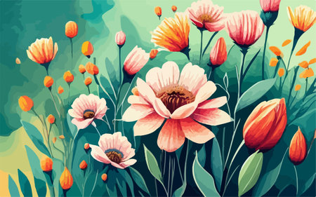 Beautiful spring floral background. Hand drawn vector illustration in retro style.のイラスト素材