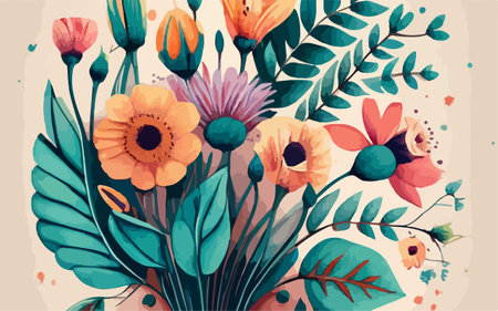 Floral background with flowers and leaves. Hand drawn vector illustration.のイラスト素材