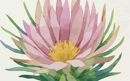 Illustration of a pink flower with green leaves on a white backgroundのイラスト素材