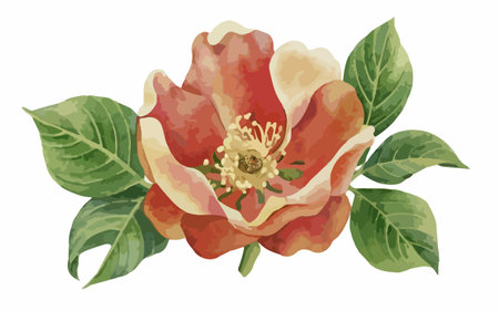 Hand drawn watercolor red rose with green leaves. Vector illustration.のイラスト素材