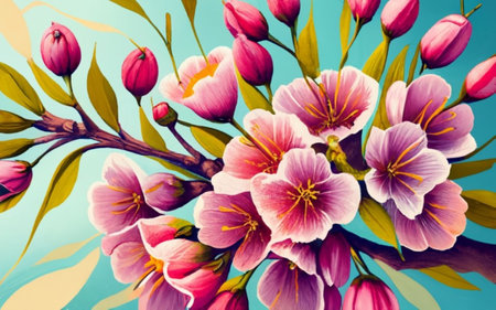Bouquet of sakura flowers on blue background. Spring flowersのイラスト素材