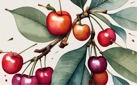Cherry branch with ripe cherries. Vector illustration in retro style.
