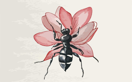 Black ant on a pink flower. Illustration in vector format.のイラスト素材