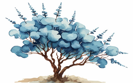 Illustration of a tree with blue clouds on a white background.のイラスト素材