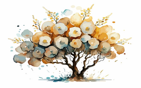 Watercolor tree with flowers and leaves. Hand drawn vector illustration.のイラスト素材