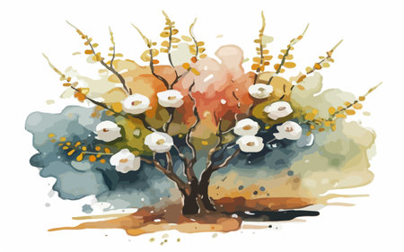 Watercolor illustration of a blooming tree with white flowers on a white backgroundのイラスト素材