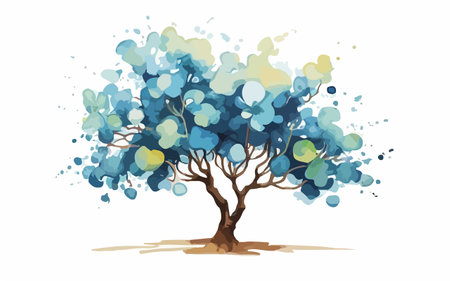 Illustration of a tree with blue and green paint splashes.のイラスト素材