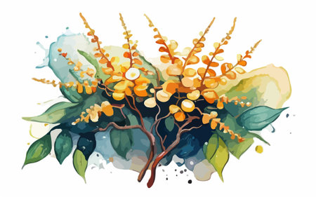 Coffee tree branch with flowers and leaves. Vector illustration.のイラスト素材