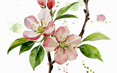 Watercolor cherry blossom branch with green leaves. Vector illustration.のイラスト素材