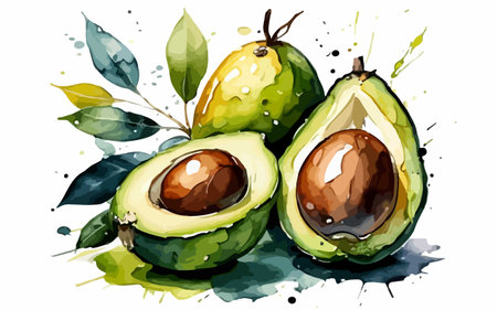 Avocado fruit with leaves. Hand drawn watercolor vector illustration.のイラスト素材
