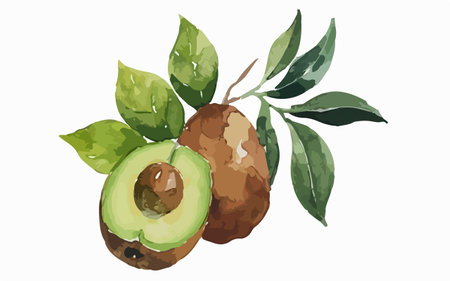Illustration of a watercolor avocado with leaves on a white backgroundのイラスト素材