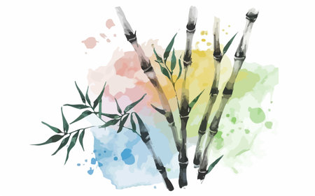 Watercolor illustration of bamboo stems and leaves on colorful watercolor background.のイラスト素材