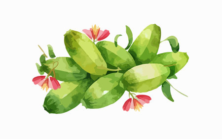 Illustration of green cucumber with flowers on a white background.のイラスト素材