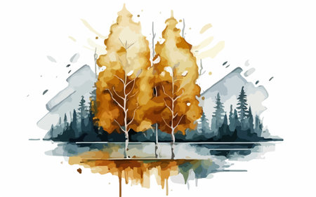 Watercolor autumn landscape with trees and lake. Hand drawn vector illustration.のイラスト素材