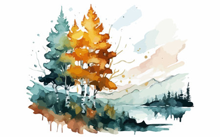 Watercolor autumn landscape with pine trees on the lake shore. Vector illustrationのイラスト素材