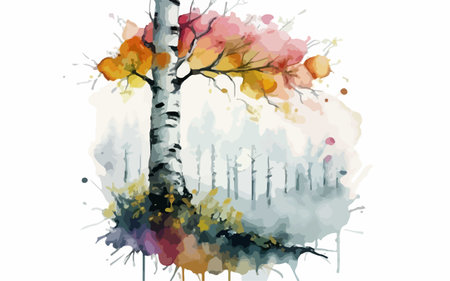 Watercolor illustration of a birch tree with autumn leaves in the forest.のイラスト素材