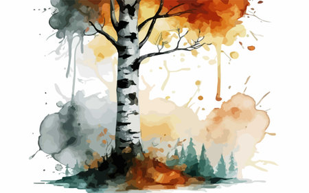 Tree in the forest with splashes of watercolor. Vector illustration.のイラスト素材