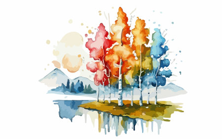Watercolor autumn landscape with birch trees and lake. Vector illustrationのイラスト素材