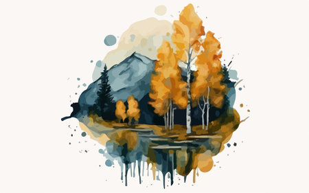 Watercolor hand drawn illustration of autumn forest and lake. Vector illustration.のイラスト素材