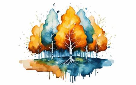 Watercolor illustration of autumn trees with watercolor splashes. Vector illustration.のイラスト素材