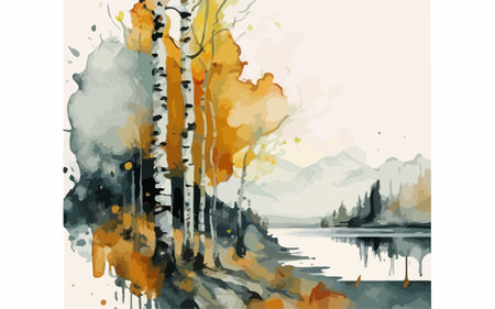 Watercolor autumn landscape with lake, forest and mountains. Vector illustration.のイラスト素材