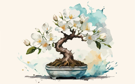 Bonsai tree with white flowers. Hand drawn watercolor illustration.のイラスト素材