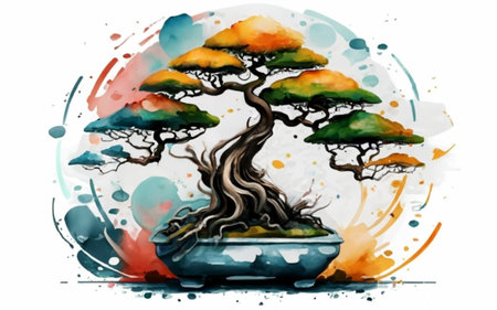 Bonsai tree. Hand drawn watercolor illustration on white backgroundのイラスト素材