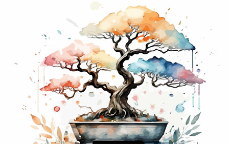 Bonsai tree in pot. Hand drawn watercolor illustration.のイラスト素材