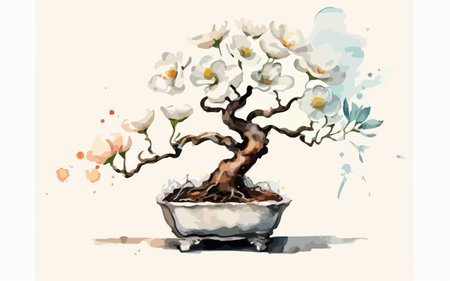 Bonsai tree with white flowers in pot. Vector illustration.のイラスト素材