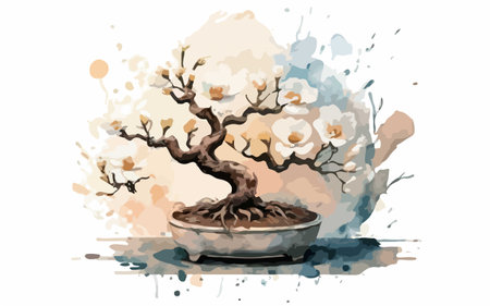 Bonsai tree in pot on watercolor background. Vector illustration.のイラスト素材