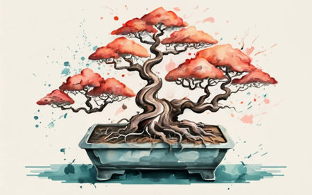 Bonsai tree in pot on white background. Watercolor illustrationのイラスト素材