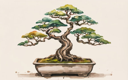 Bonsai tree in pot. Hand drawn watercolor illustration.のイラスト素材