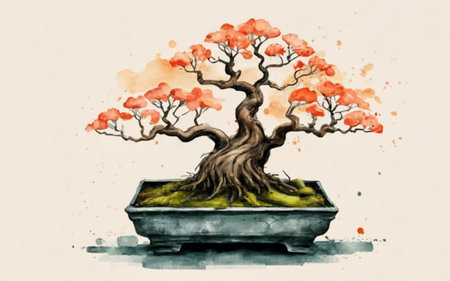 Bonsai tree in pot. Hand drawn watercolor illustration.のイラスト素材