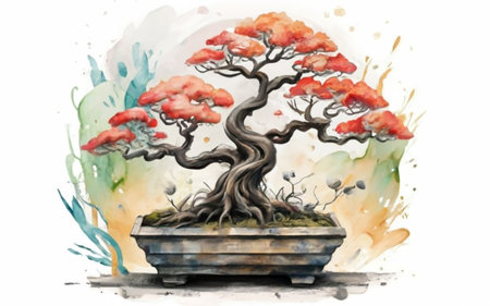 Bonsai tree in pot. Hand drawn watercolor illustration.のイラスト素材