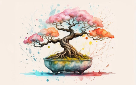 Bonsai tree in pot. Hand drawn watercolor illustration.のイラスト素材